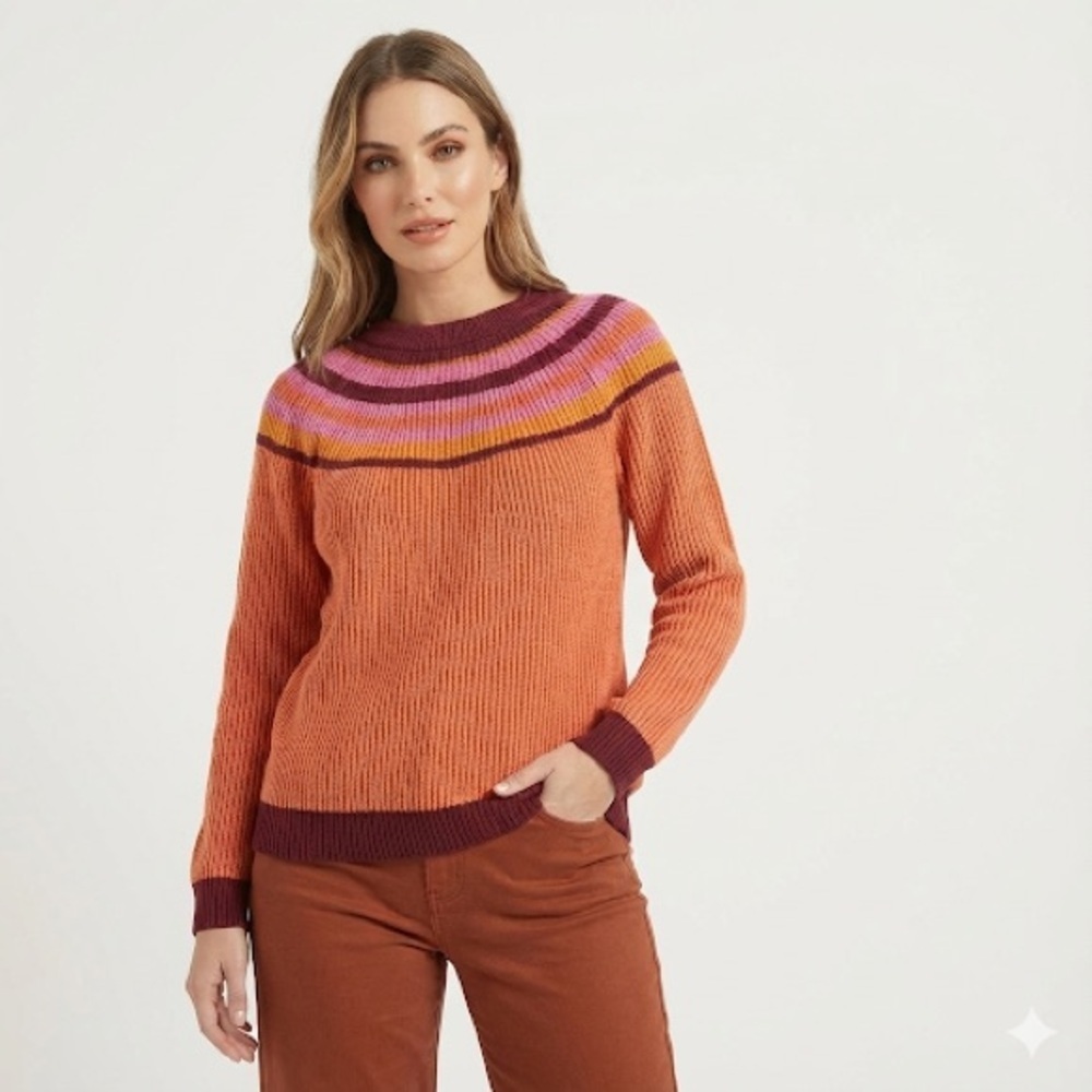 Lands End color block sweater striped burgundy ribbed cotton L
